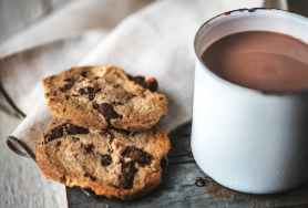 chocolate chip cookies near chocolate drink