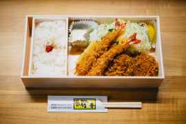 ebi tempura bento on brown wooden table